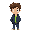 young man with messy brown hair and rectangular glasses. he has a neutral, slightly unimpressed expression. he wears a dark navy hoodie with pocket shading, a neon-green t-shirt underneath, dark blue pants, and beige sneakers. use clean pixel lines, bold 