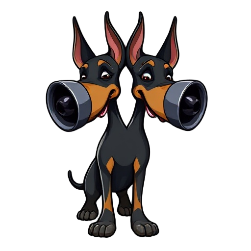 doberman with two heads but instead of heads they have speakers