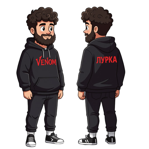 a young man in his early twenties. he's fat.he has thick curly hair on his head. there is a black beard. he's wearing a black hoodie with "venom" written in red on the back and "чурка" on the front. black pants, white socks and black sneakers with white t