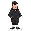a young man in his early twenties. he's fat. he has thick curly hair on his head. there is a black beard. he's wearing a black hoodie. black pants, white socks and black sneakers. in full growth.