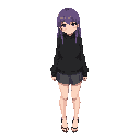 an adult big size chest girl in a black sweater and a short skirt with bare legs. purple long hair.