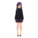 an adult big size chest girl in a black sweater and a short skirt with bare legs. purple long hair.