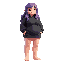 an adult big size chest girl in a black sweater and a short skirt with bare legs. purple long hair.