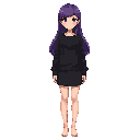an adult big size chest girl in a black sweater and a short skirt with bare legs. purple long hair.