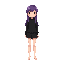 a girl in a black sweater and a short skirt with bare legs. purple long hair.