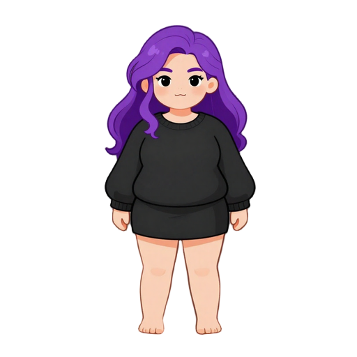 an adult big size chest girl in a black sweater and a short skirt with bare legs. purple long hair.