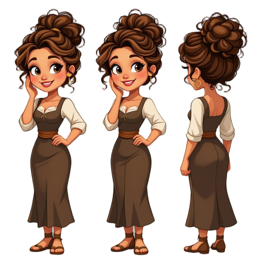 female sprite with light brown skin, brown eyes, curly brown hair in an updo, her hand on her cheek with her head tilted slightly, grinning, realistic proportions mature face