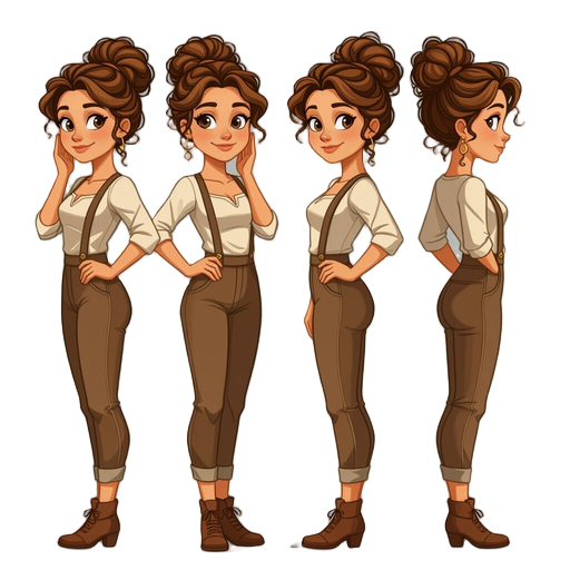female sprite full body 4 directions with light brown skin, brown eyes, curly brown hair in an updo, her hand on her cheek with her head tilted slightly, grinning, realistic proportions mature face