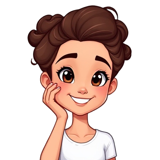 female sprite with light brown skin, brown eyes, curly brown hair in an updo, her hand on her cheek with her head tilted slightly, grinning, realistic proportions mature face