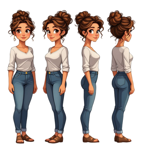 female sprite full body 4 directions with light brown skin, brown eyes, curly brown hair in an updo, realistic proportions mature face