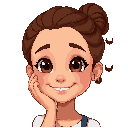 girl with light brown skin, brown eyes, curly brown hair in an updo, her hand on her cheek with her head tilted slightly, grinning, semi realistic proportions 