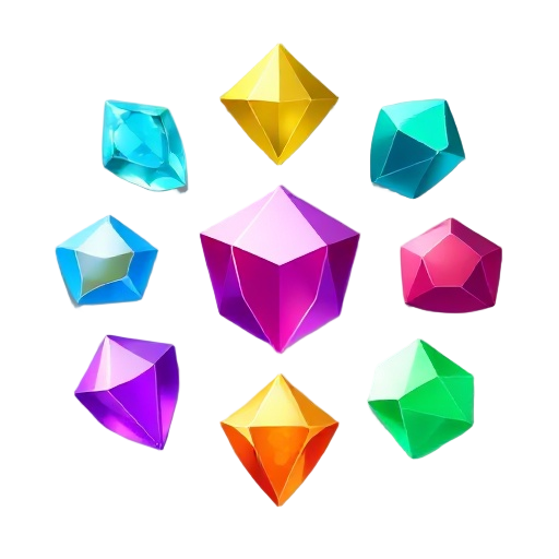 gem tokens for a mobile game , art style is magical drawings. make them simple and different colors each 8 in total. they should look magical and mystical.