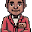 create an 8-bit style hotel manager character with dark skin, gray hair, and a bald spot in the center of the head. the character should be wearing a red hotel jacket and a golden manager nameplate.