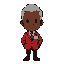 create an 8-bit style hotel manager character with dark skin, gray hair, and a bald spot in the center of the head. the character should be wearing a red hotel jacket and a golden manager nameplate.