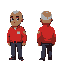 create an 8-bit style hotel manager character with dark skin, gray hair, and a bald spot in the center of the head. the character should be wearing a red hotel jacket and a golden manager nameplate.