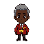 create an 8-bit style hotel manager character with dark skin, gray hair, and a bald spot in the center of the head. the character should be wearing a red hotel jacket and a golden manager nameplate.