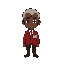 create an 8-bit style hotel manager character with dark skin, gray hair, and a bald spot in the center of the head. the character should be wearing a red hotel jacket and a golden manager nameplate.
