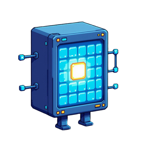 non-humanoid object. body is a sql table grid. rectangular, flat. blue table border, cyan data cells. one glowing central cell as core. minimal side connectors like joins. dark background. 16-bit snes style. no face, no head, no limbs.