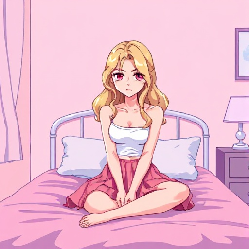 a pixelated anime-style illustration of a young, fair-skinned woman seated on a bed within a pastel pink and blue bedroom. the woman, with long, wavy blonde hair and downcast red eyes, wears a white tube top and a pink pleated skirt. her expression is mel