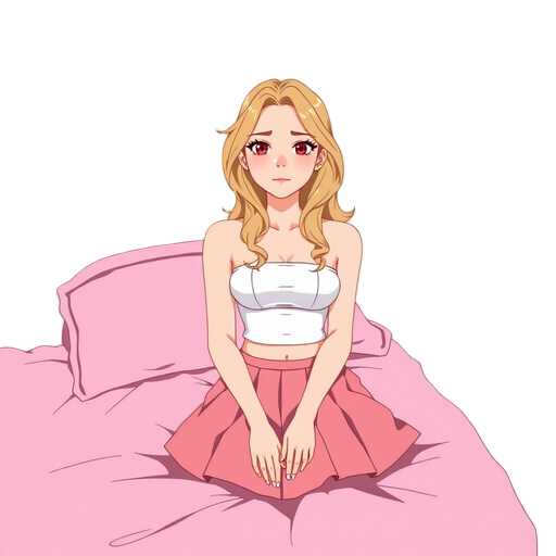 a pixelated anime-style illustration of a young, fair-skinned woman seated on a bed within a pastel pink and blue bedroom. the woman, with long, wavy blonde hair and downcast red eyes, wears a white tube top and a pink pleated skirt. 