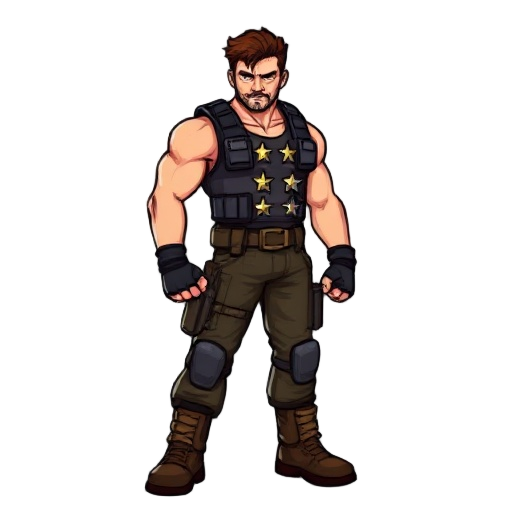 2d pixel-art sprite of chris redfield in broforce style. bold outlines, exaggerated muscles, stars vest, tactical pants, combat boots. action-hero stance, readable silhouette, arcade shooter vibe, transparent background.