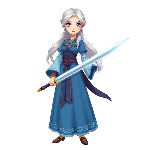 traditional russian women in blue dress and white hair with magical sword, 