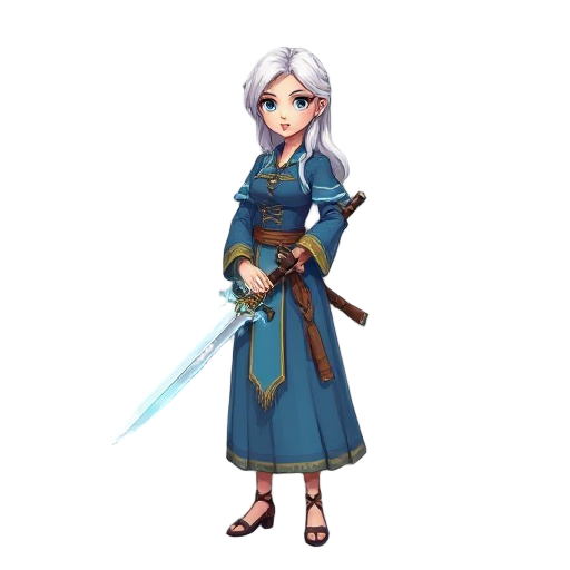 traditional russian women in blue dress and white hair with magical sword, 
