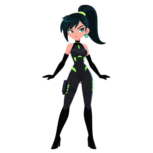 a futuristic female figure leans against a railing, wearing a sleek black bodysuit with glowing green accents. her hair is styled in a high ponytail, and she accessorizes with an earring. the background features vibrant neon lights from a bustling urban e