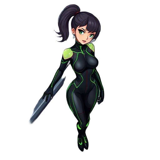 a futuristic female figure leans against a railing, wearing a sleek black bodysuit with glowing green accents. her hair is styled in a high ponytail, and she accessorizes with an earring. the background features vibrant neon lights from a bustling urban e