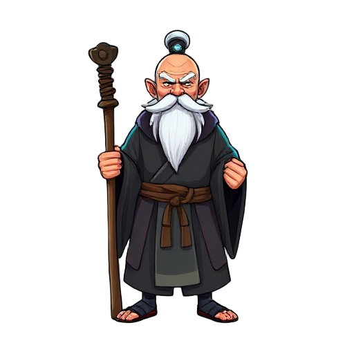 master jinbei is a calm, disciplined figure who appears in serene or quiet locations within the void. he has the appearance of an elderly samurai with a long white beard, faint glowing patterns across his robes and a wooden staff that emits a soft blue li