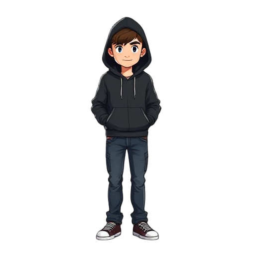 hooded guy, current day, jeans and black hoodie