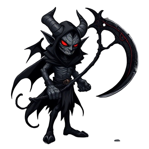 a dark demonic character, black and gray color palette, holding a large cursed scythe in hand, glowing red eyes, cracked shadowy skin, sharp horns, long tattered cloak flowing in the wind, surrounded by dark smoke and ash, gothic dark fantasy style, high 
