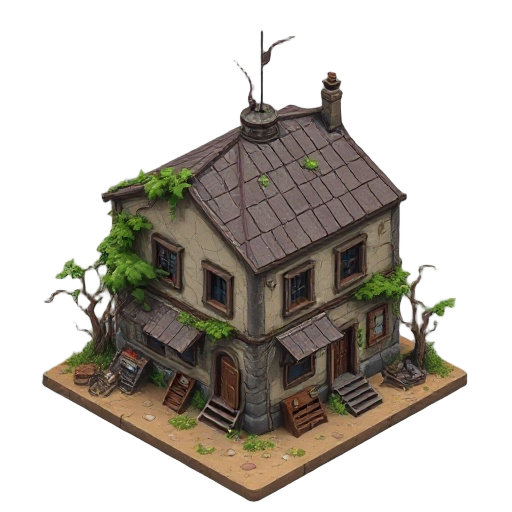 post apocaliptic building with vines and old trash