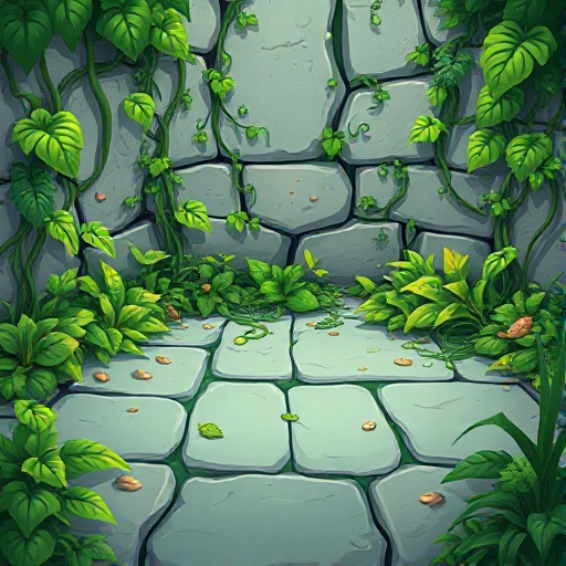 tile of a concrete floor with tons of vines and plants 
