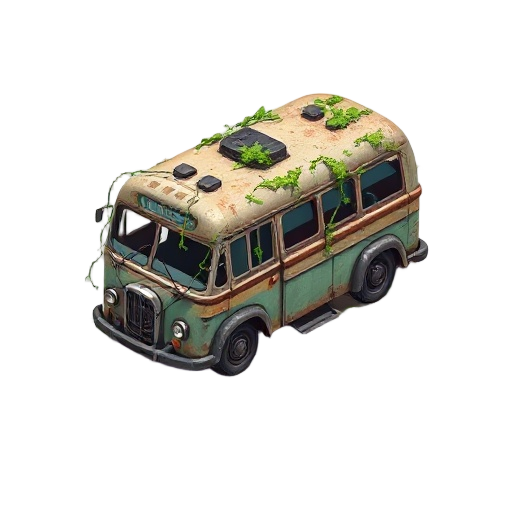 old destroyed autobus with vines