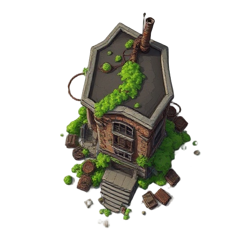 post apocaliptic building with vines and old trash