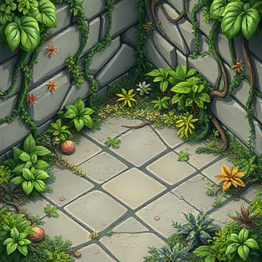 isometric tile of a concrete floor with tons of vines and plants 