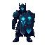 ultra-detailed pixel-art knight character, dark fantasy style. a heavily armored knight wearing dark navy and black armor with glowing cyan/blue runes engraved on the armor and shield. the knight holds a large futuristic shield with a bright magical cyan 