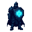 ultra-detailed pixel-art knight character, dark fantasy style. a heavily armored knight wearing dark navy and black armor with glowing cyan/blue runes engraved on the armor and shield. the knight holds a large futuristic shield with a bright magical cyan 