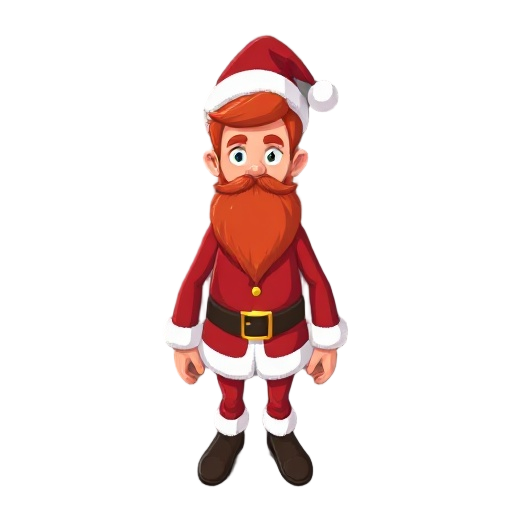 lean build, red hair, santa claus outfit, santa hat, red beard.