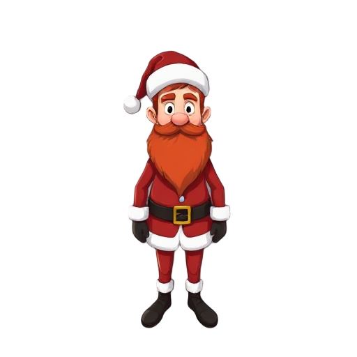 lean build, red hair, santa claus outfit, santa hat, red beard.