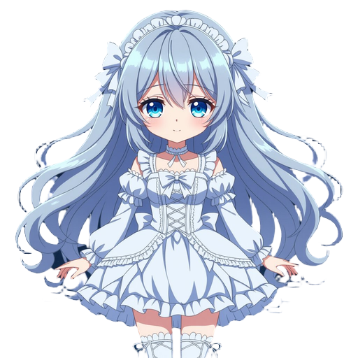 anime girl floating in dark space, long silver-gray hair flowing softly with white bows, pale delicate face, light blue melancholic eyes, calm lonely expression. wearing white gothic lolita dress with lace and ribbons, white lace-up boots, fragile, dreamy