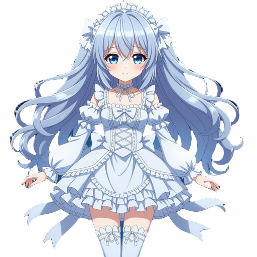 anime girl floating in dark space,long silver-gray hair flowing softly with white bows,pale delicate face,light blue melancholic eyes, calm lonely expression. wearing white gothic lolita dress with lace and ribbons, white lace-up boots, fragile,dreamy moo