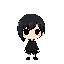 create frisk (undertale) with dark hair that goes slightly past the shoulder and with simpler black clothes