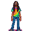 hippy wearing flop flops, rainbow tie die shirt, long hair
