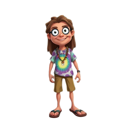hippy wearing flop flops a tie die shirt and long hair