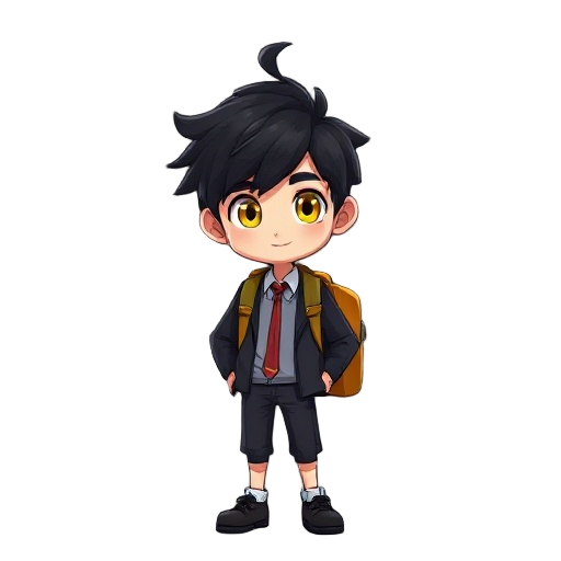 lucien, middle part hair, black, yellow eyes, in his college uniform he's 14 but a genius, add a backpack to his back.