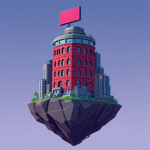floating “island” made of a chunk of dark rock, with a dense cluster of tall, futuristic/cyberpunk buildings built on top of it.  the main building in the center is a rounded red-brick tower covered in rows of arched windows, topped with a pink billboard/