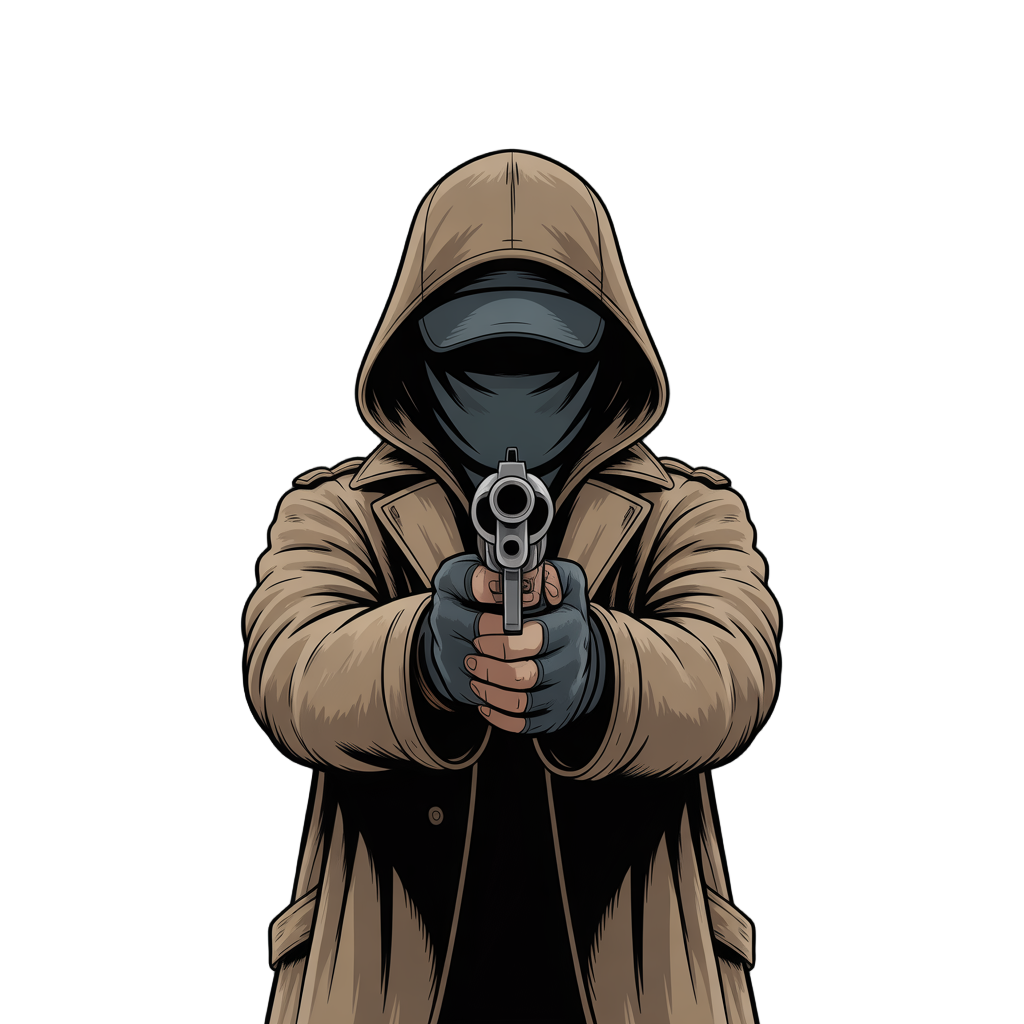 persona con pistola en mado apuntando hacia delante con gorra vestido tipo apocalipsis 