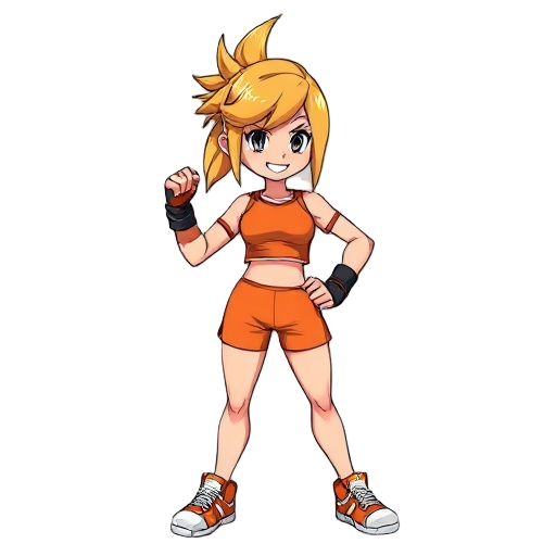  jovem lutadora de anime em postura de ataque. cabelo amarelo espetado e cachecol longo esvoaçante. veste traje atlético laranja (top cropped e calças folgadas) com faixas pretas e brancas nos braços e tênis laranjas. exibe um sorriso confiante e enérgico